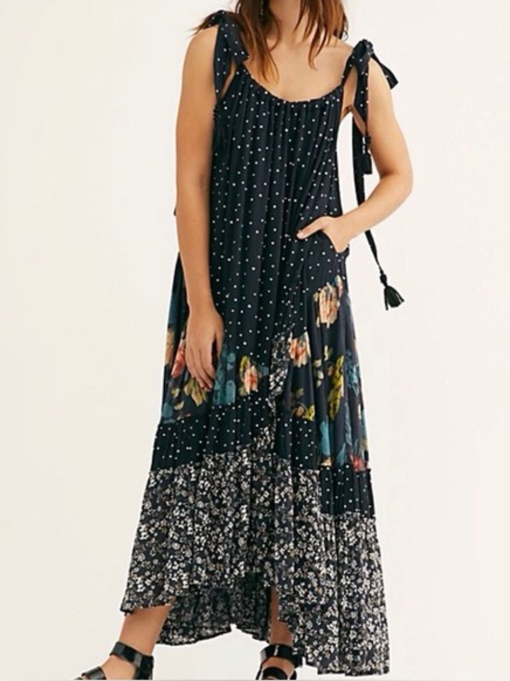 Free People Bare It All Printed Maxi Dress Small Black Floral Boho